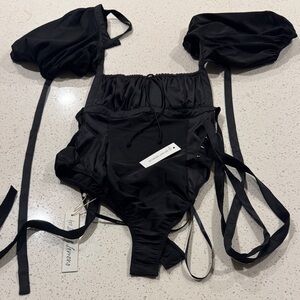 For Love & Lemons Black Satin Lace Up Bodysuit